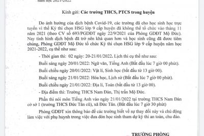 Lịch thi HSG K9 cấp huyện năm học 2021- 2022